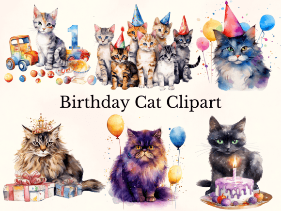 Download Watercolor Birthday Cat Clipart - Birthday cat clipart Collection