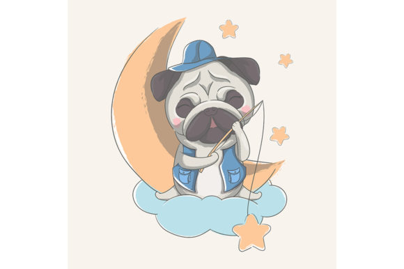 Download Cute Little Pug with Moon and Stars - Moon and stars Collection