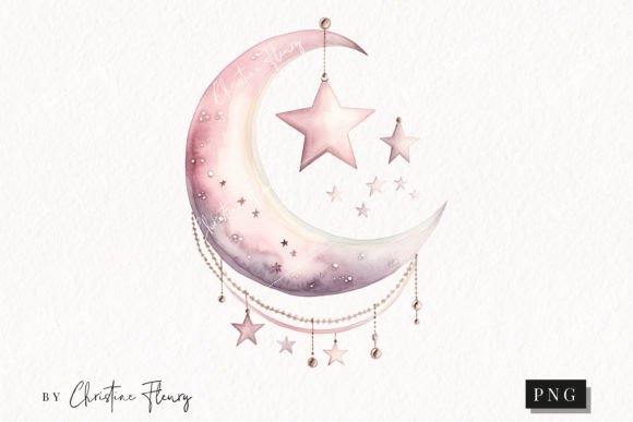 Download Watercolor Pink Moon and Stars Clipart - Moon and stars Collection